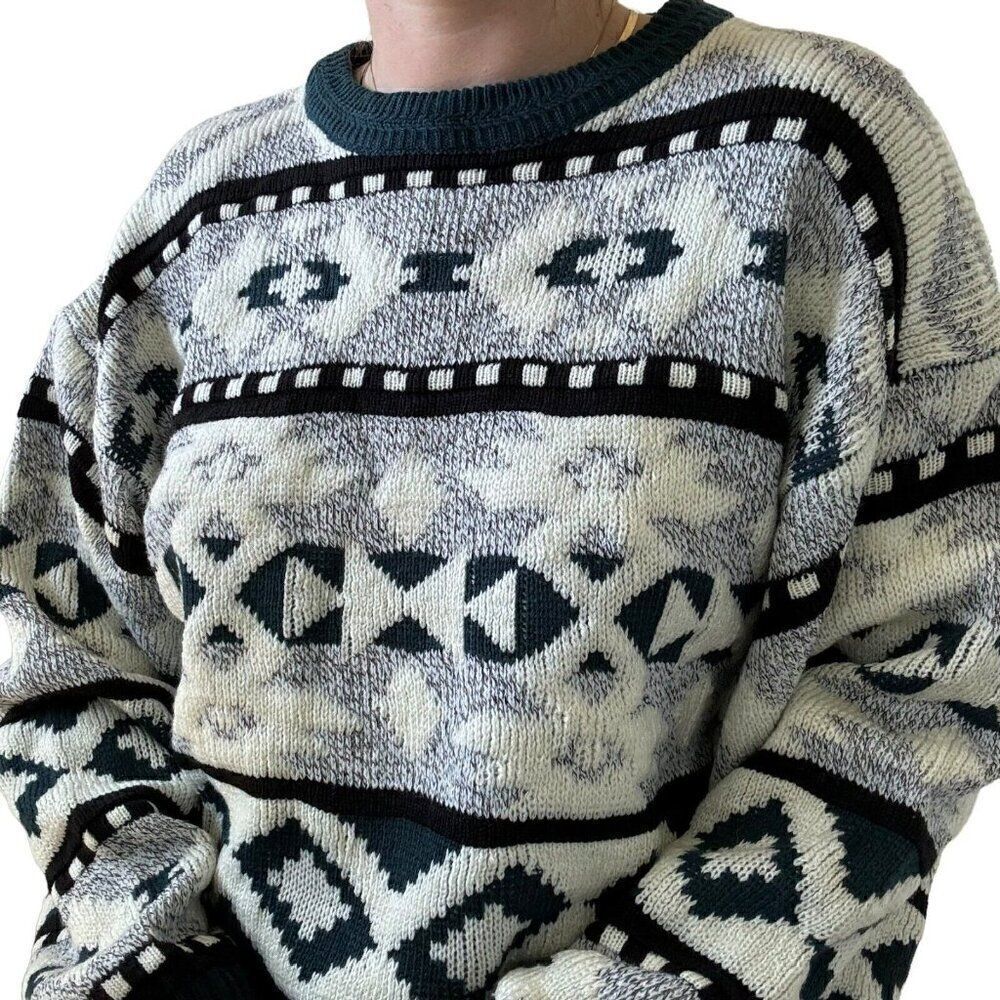 Vintage 1990s Green Geometric Preppy Oversized Ugly Ski Sweater Sz M